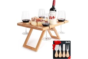 PITICCO Bamboo Charcuterie Picnic Table, Portable Wooden Outdoor Picnic Wine Table with 4 Silver Cheese Knives & Detachable Knife Stand, Gift for Cheese & Wine Lovers