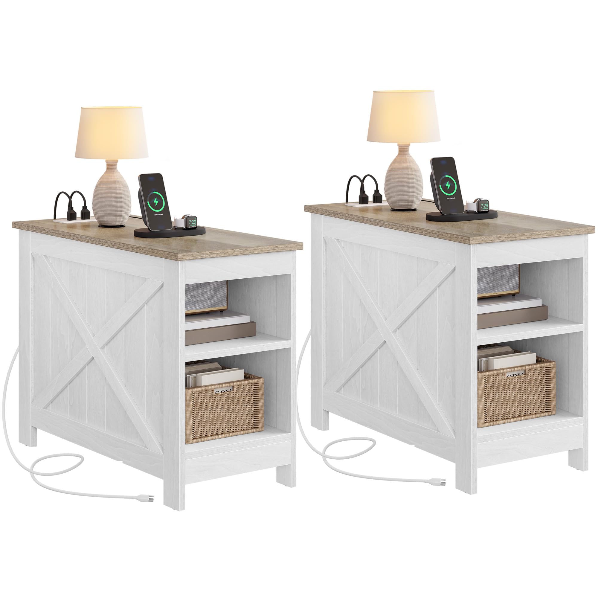 Photo 1 of YITAHOME End Table with Charging Station, Narrow Side Table with Storage Shelf, Farmhouse Nightstand with Storage for Small Spaces, Living Room, Bedroom, Grey Wash, Set of 2
