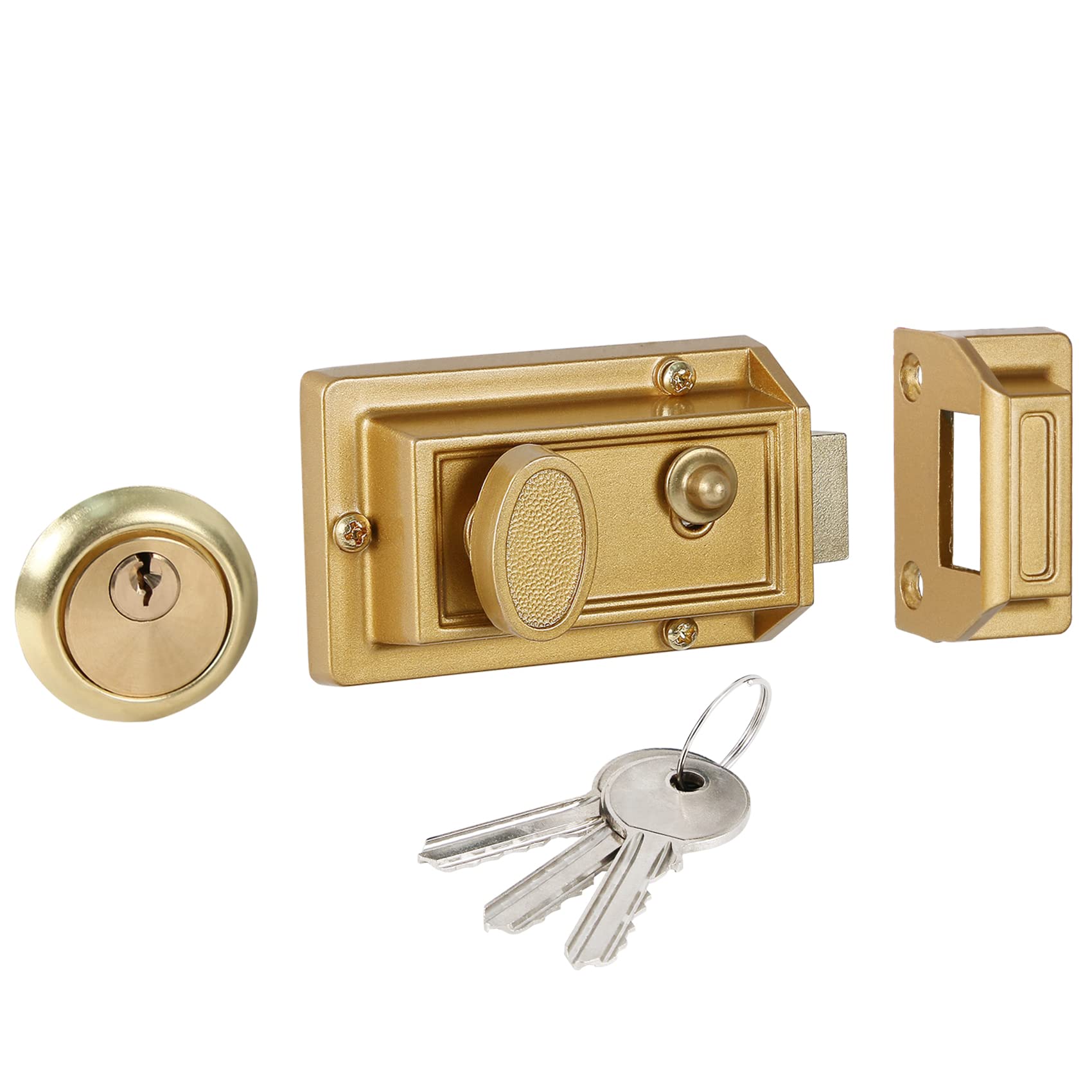 DIDA® Traditional Nightlatch with 3 Copper Keys, Premium Solid Brass Rim Cylinder, 60mm Backset, Suitable for Doors 38 to 57 mm Thick, Gold Nickel Finish, 5-Year Warranty,High Security Front Door Lock — image 1
