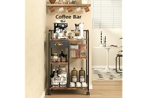 keomaisyto Coffee Cart with Storage Drawer, Coffee Bar Cabinet with Wheels, 4-Tier Adjustable Mobile Coffee Table, Rustic Wood Coffee Bar Station for Kitchen/Entrance/Living Room/Dining Room