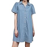 EZAPINE Women Denim Shirt Dress Summer Casual Short Sleeve Button Down V Neck Loose Jean Mini Dress
