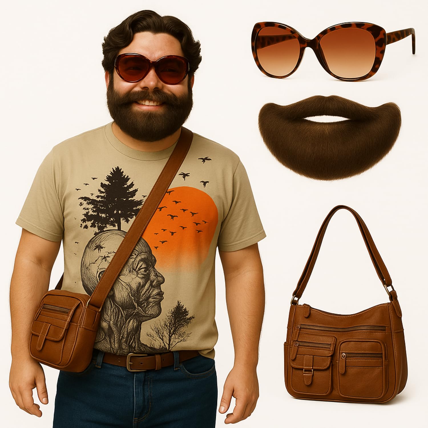Photo 1 of (bag only)(please see all images) Mepase 3 Pcs Human Tree Shirt Costume Accessories Set Include Brown Beard Purse Satchel Bag