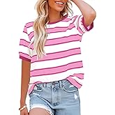 Womens Tops Cotton Casual Color Block Striped Short Sleeve Shirts Crewneck T Shirts Loose Basic Tee Blouses