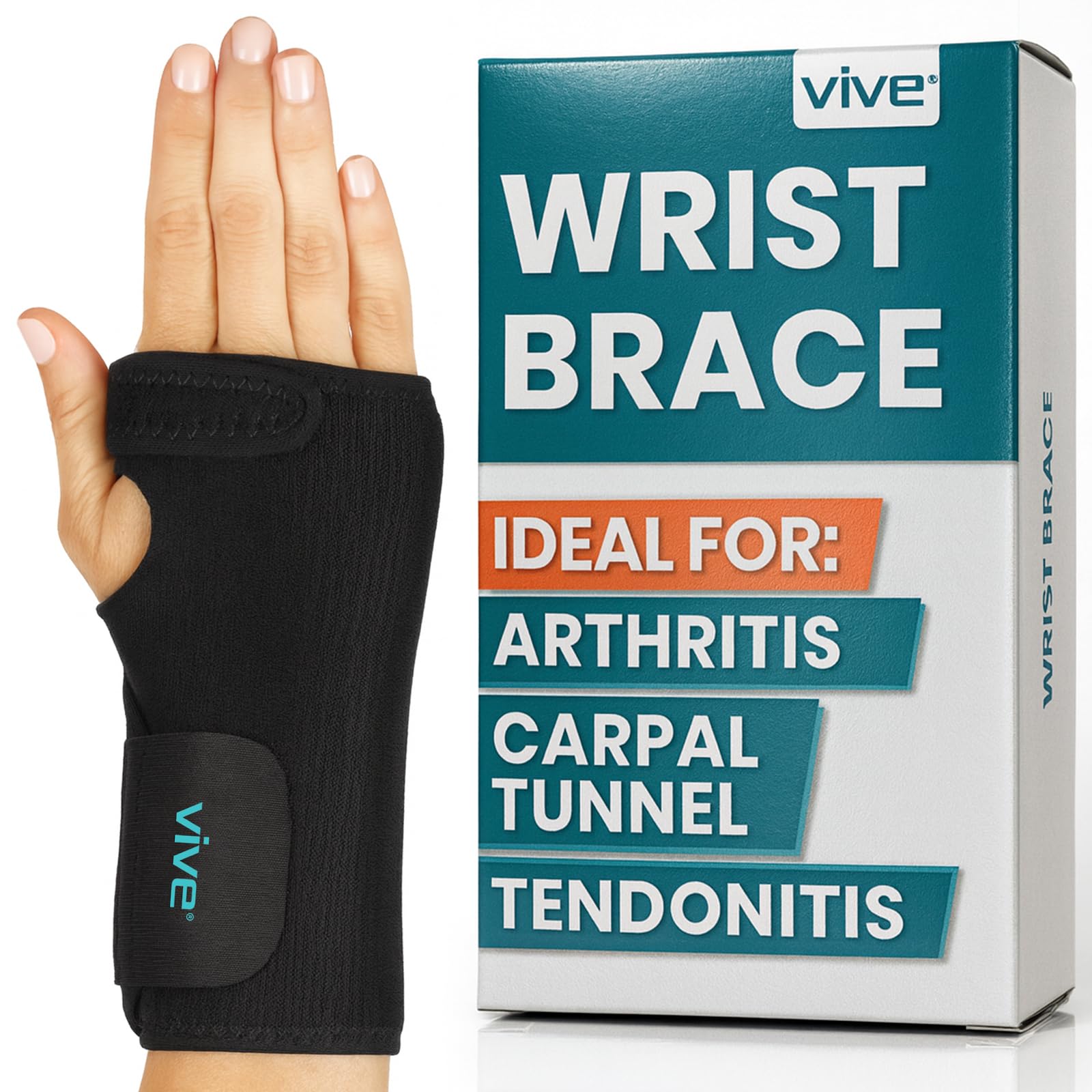 Vive Wrist Brace - Carpal Tunnel Hand Compression Support Wrap for Men, Women, Tendinitis, Bowling, Sports Injuries Pain Relief - Removable Splint - Universal Ergonomic Fit (Right)