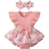 Newborn Baby Girl Romper Dress Flower Print Lace Ruffled Jumpsuit with Headband Cute Summer Clothes