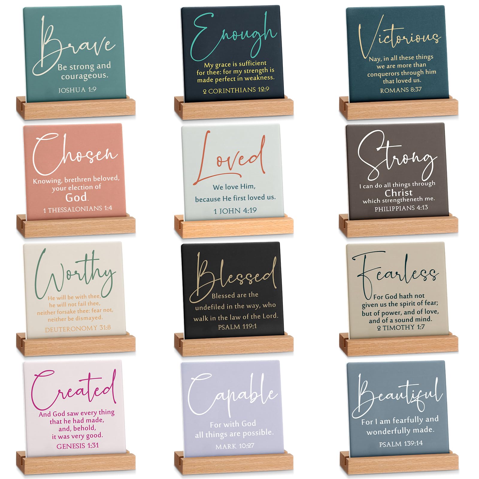 Photo 1 of 12 Pcs Christian Desk Decor Pastor Appreciation Gift Bible Verse Inspirational Quotes Religious Ceramic Sign Table Plaque Centerpiece with Wooden Stand for Clergy Teacher Church Baptism Christmas