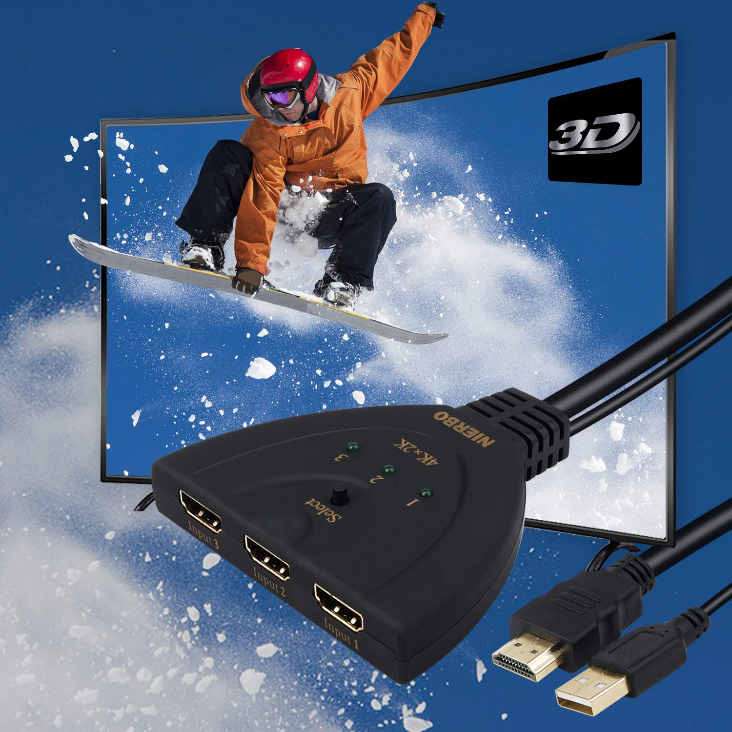 HDMI Umschalter NIERBO 3 in 1 Out HDMI Switcher 4K@30Hz 1080P 3D Verteiler 3x1 Switch Umschalter 3 Port Schalter Adapter für HDTV Blu-Ray DVD TV Cable Box PS3 / PS4