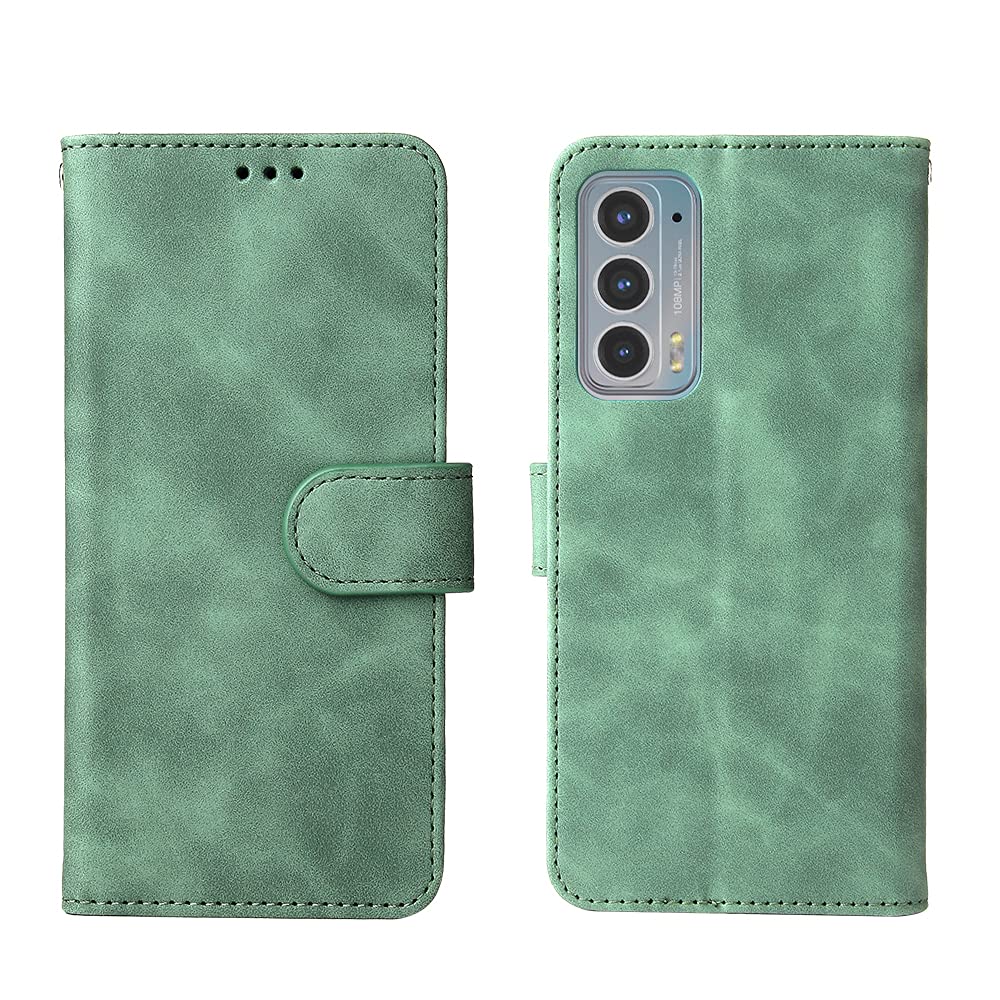 DESSEN Case for Motorola Moto Edge 20, Wallet Style PU Leather Skin-Feel Shell, Bracket Function and 2 Card Slots, Full Side Drop Protective Bumper Cover. Green