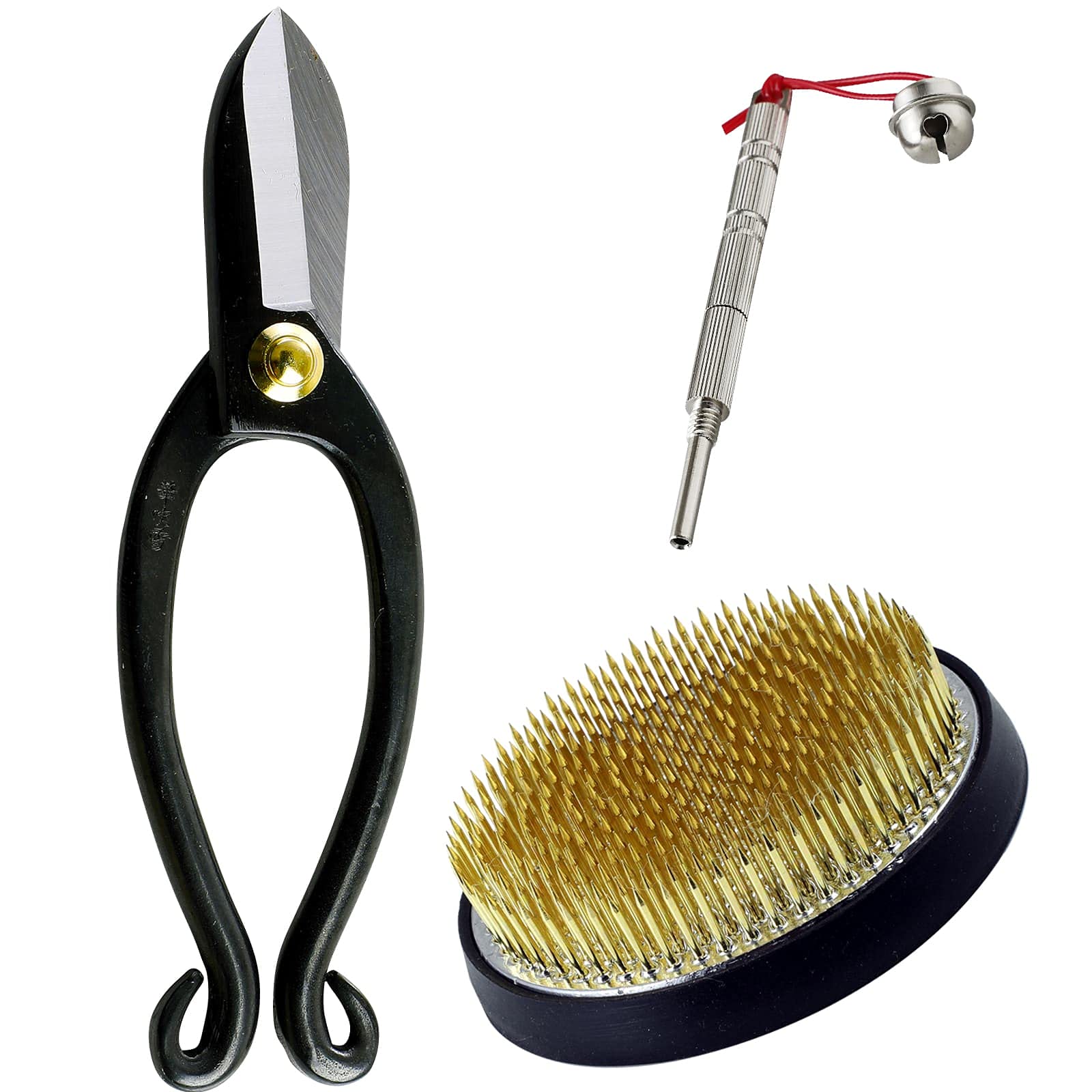 Wazakura 3PCS Japanese Ikebana Essential Tool Set MADE IN JAPAN, Floral Arrangement Kit [ Ikenobo Scissors + 80mm Round Brass Kenzan + Flower Pin Holder Care Tool ]