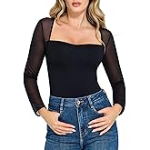 Popilush Mesh Long Sleeve Tops for Women Shapewear Bodysuit Square Neck Going Out Body Suits Fall Concert Outfits