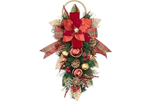 HOLIDAY TREE 25” Teardrop Swag Red Poinsettia with Ring – Handcrafted Christmas Swag with Glittery Poinsettias, Faux Florals, Berries, Ornaments & Plaid Ribbon, Unlit