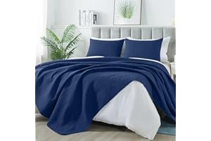 MASVIS Quilt Set Full Queen Size, Lightweight Quilted Microfiber Bedspread Coverlet for All Season, Classic Coin Pattern Quilts, Soft Bedding Set, 3 Piece (1 Quilt, 2 Pillow Shams) Navy Blue