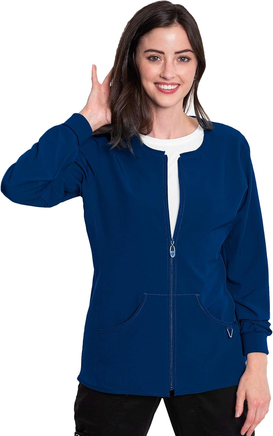 Med Couture Zip Front Warm Up Scrub Jacket for Women: Clothing