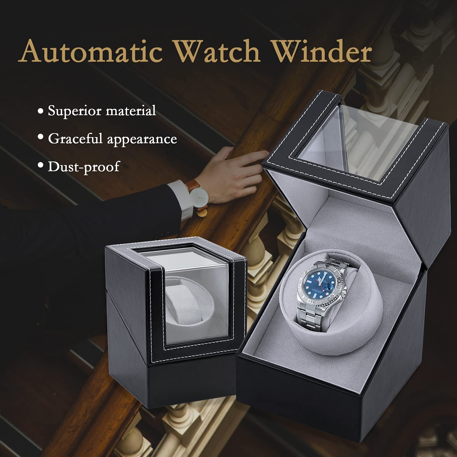 Mcbazel Mcbazel Automatic Watch Winder Box PU Leather, Quiet Japan-Made Motor, Display and Storage Case for Automatic Watches with Plug - Black with PU Leather