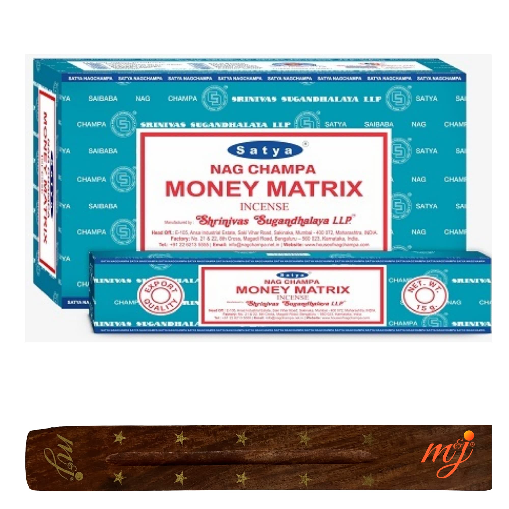 Original Satya Nag Champa Money Matrix Incense Sticks | with M&J incense sticks holder | Full Box | for Aromatherapy, Spa, Yoga, Weddings, Meditation, Healing, Positivity and Relaxation