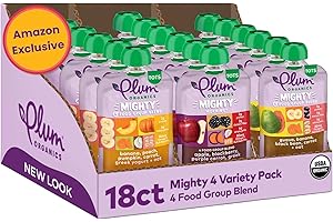 Plum Organics Variety Pack, 12+ Months – Toddler’s Delicious Discovery Flavors – Mighty 4 Organic Fruit & Veggie Pouches – 4 oz Pouch, Pack of 18 (Amazon Exclusive)