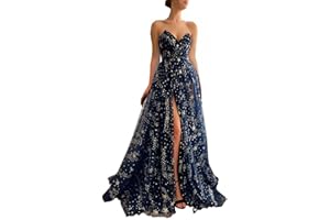 Smileven Women's Sparkle Starry Tulle Prom Dresses Strapless Slit Formal Evening Party Gowns