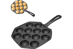 Takoyaki Grill Pan 12 Grid 4cm Hole Cast Iron Takoyaki Baking Tray with Hollow Handle, Non Sticking Octopus Meatballs Frying 