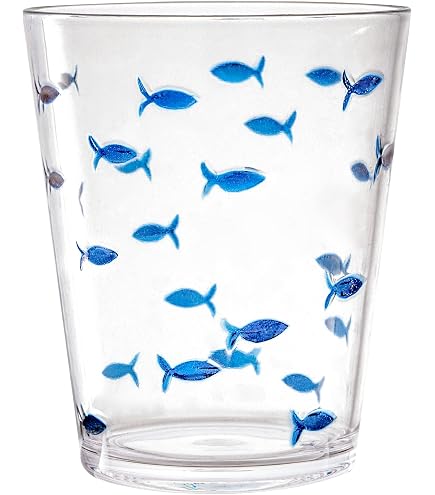 KLIFA- CHARLESTON- 16.5 oz, Set of 6, Acrylic Fishing Tumbler, School of Fish Drinking Glasses, BPA-Free, Stackable Plastic Drinkware, Dishwasher Safe Cups, Clear with Dark Blue Printing: Tumblers & Water