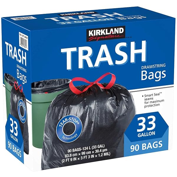 KIRKLAND SIGNATURE DRAWSTRING TRASH BAGS – 33 GALLON – XL SIZE – (90 COUNT)