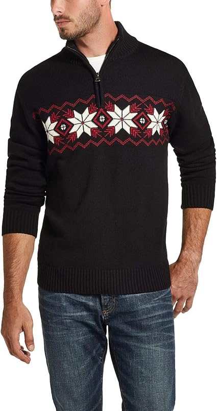 Weatherproof Vintage Men's Fair Isle 1/4 Zip Pullover Sweater, L Black at Amazon Menâs Clothing 