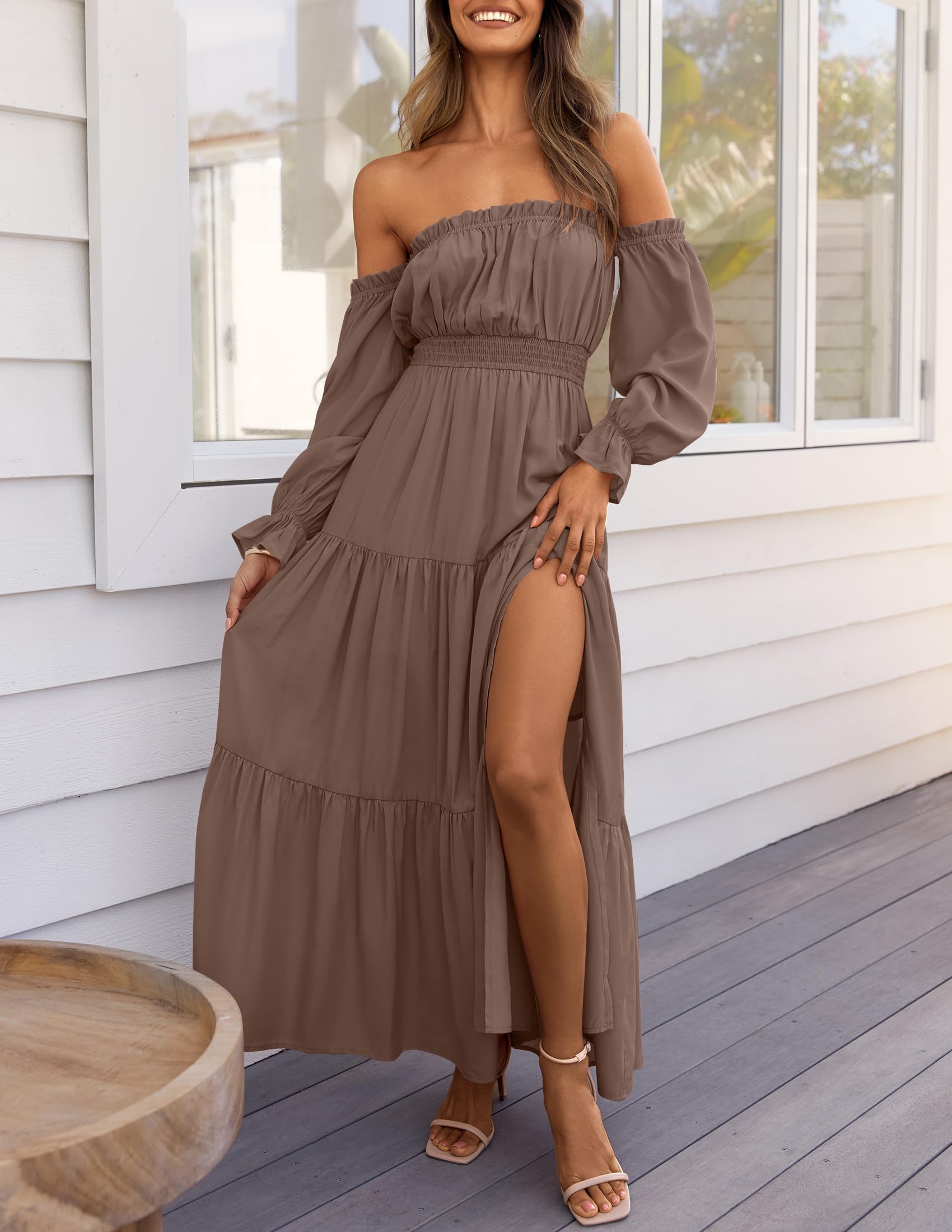 ZESICA Women's 2025 Boho Sexy Off Shoulder Long Sleeve Smocked High Waist Side Split Flowy A Line Tiered Long Maxi Dress