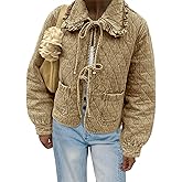 Tankaneo Womens Quilted Denim Puffer Jackets Tie Front Bow Cropped Puffy Jackets Fall Cute Short Jeans Coat