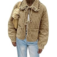 Tankaneo Womens Quilted Denim Puffer Jackets Tie Front Bow Cropped Puffy Jackets Fall Cute Short Jeans Coat