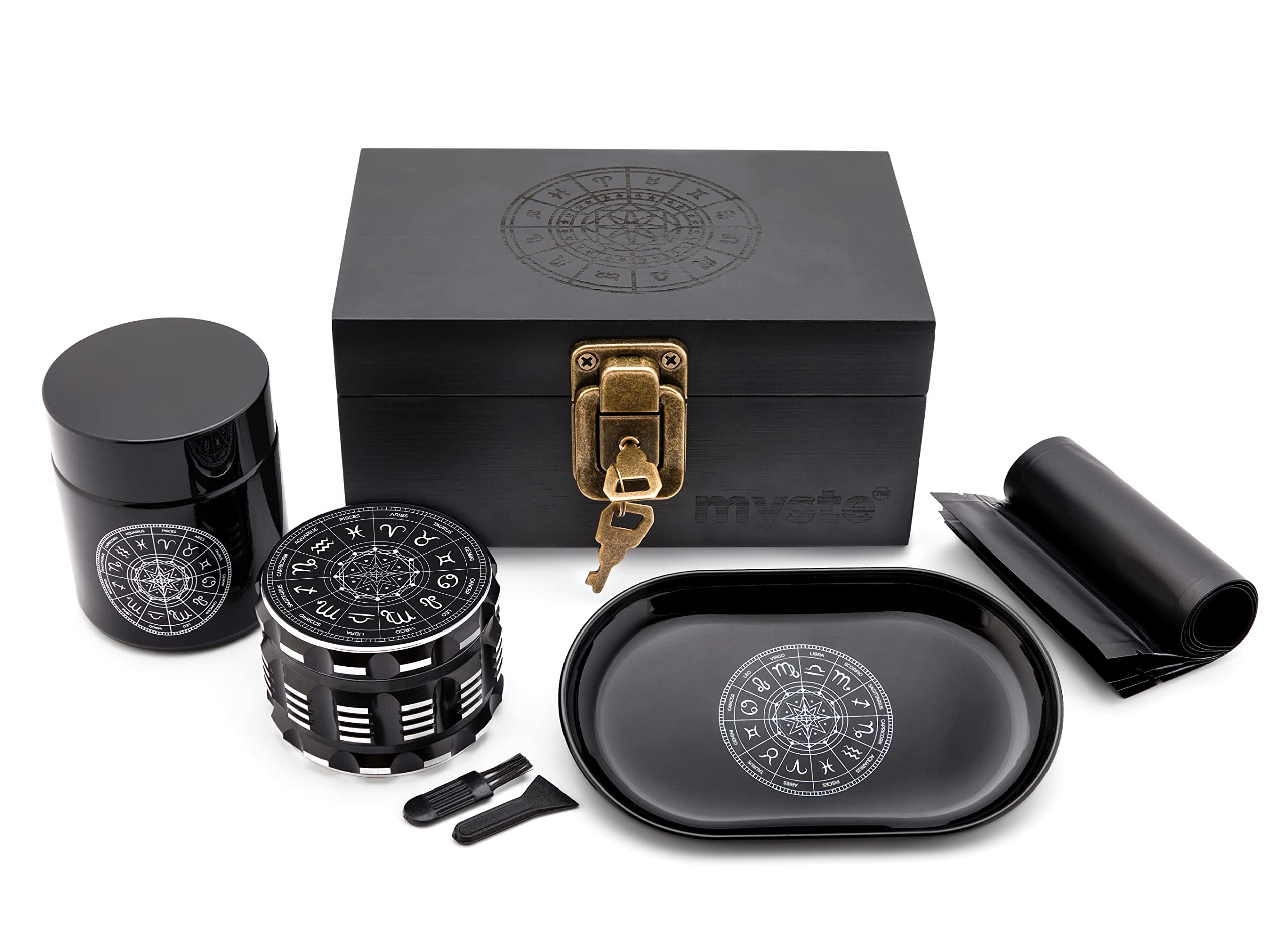 MYSTE Zodiac Stash Box with Accessories, Large Grinder 63 mm, Smell-Proof Lockable Combo Gift Set, Stashbox with Lock, Combo Kit, Rolling Tray Set