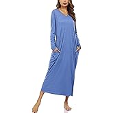 Marvmys Women Cotton Long Nightgowns Long Sleeves Nightshirts V Neck Full Length Sleep Shirts with Pocket