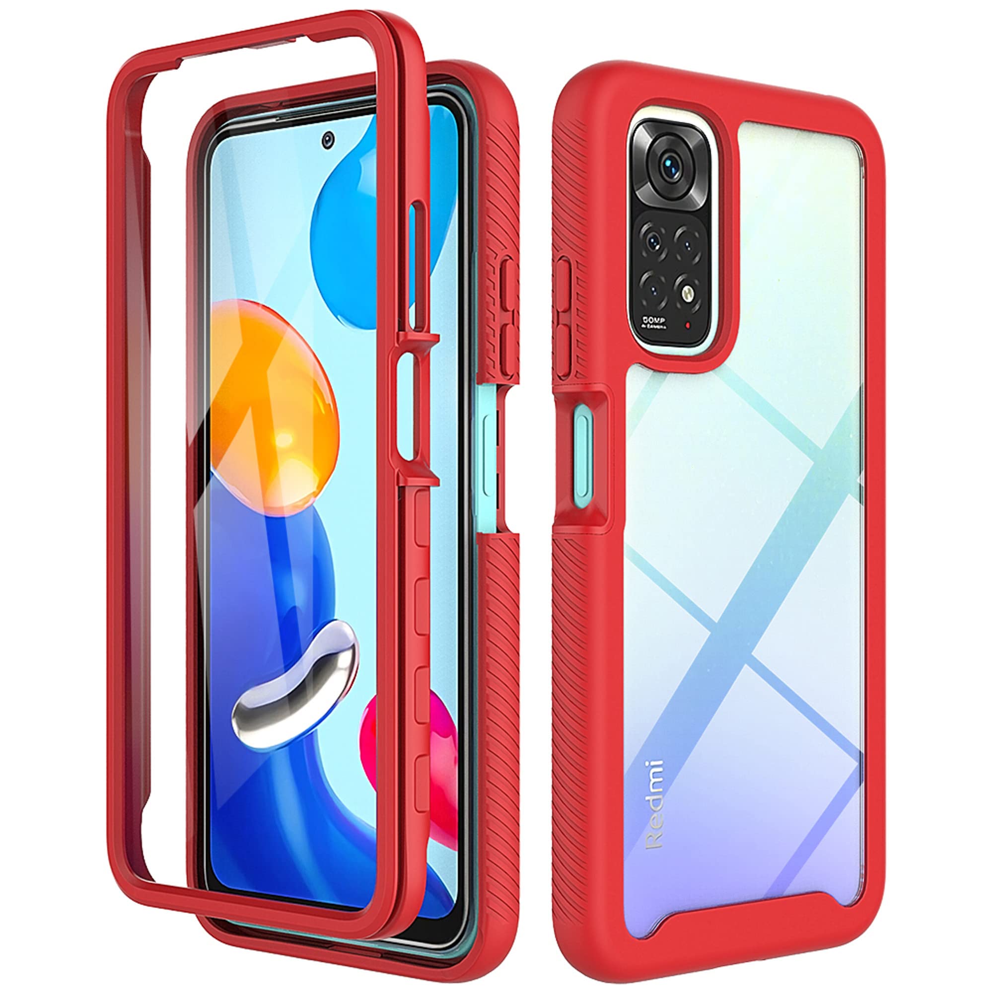 ESTH® Xiaomi Redmi Note 11/Note 11S Clear Case, Silicone & PC Hybrid Full-Body Armour Built-in PC Bumper Frame Multi-layer Military Grade Heavy Duty Shockproof Cover, Red