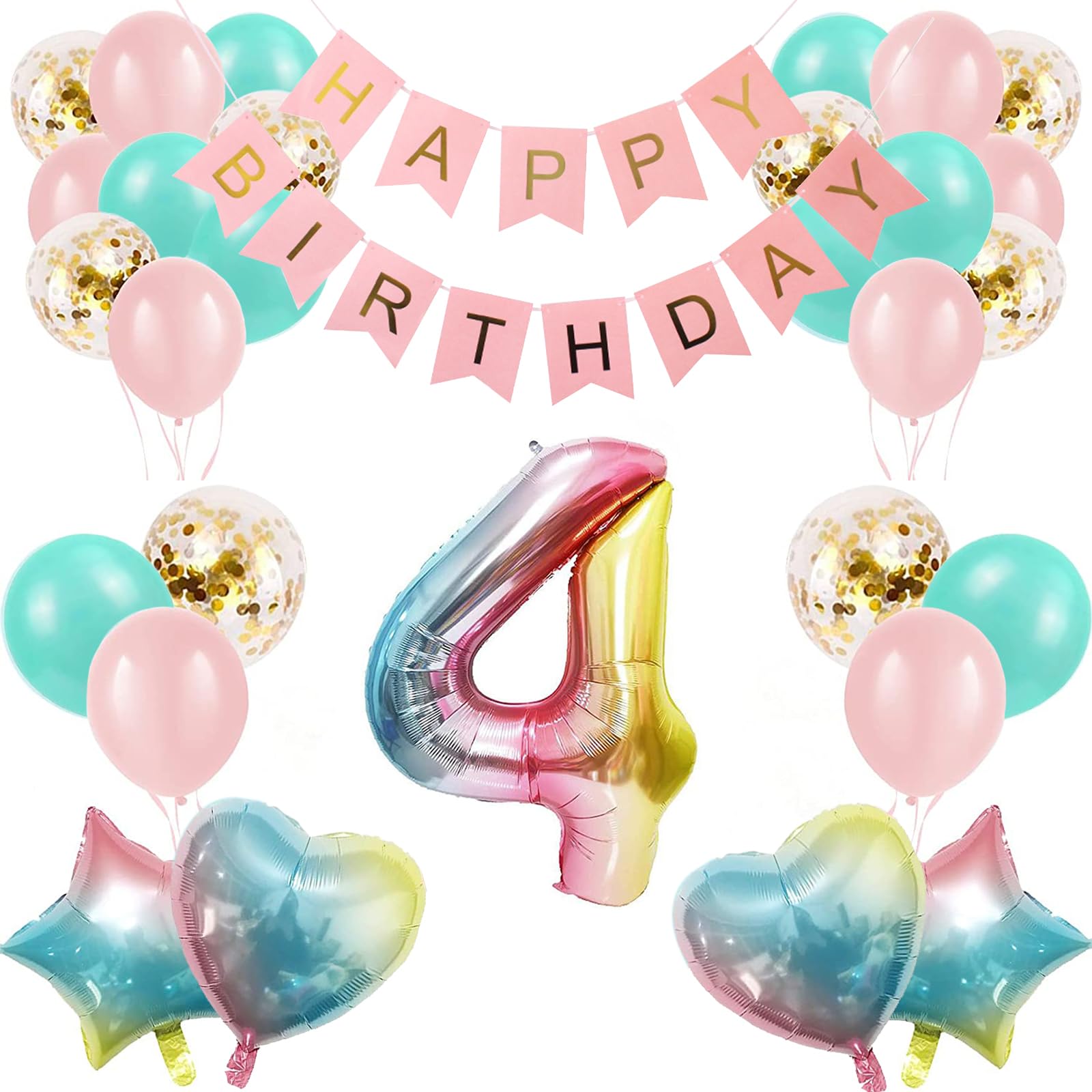 Photo 1 of 4th Birthday Decorations for Girls Gradient color Age 4 Birthday Balloons with Happy Birthday Banner for Baby showers Fourth Birthday Party Supplies for Girls Boys (4th-Birthday)