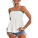 Rooscier Women's Smocked Tube Tops Ruffle Hem Sleeveless Peplum Bandeau Strappy Cami Tank