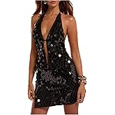 Floerns Women's Sequin Halter Crop Tops Backless Sleeveless Party Club Rave Sparkly Top