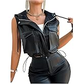 Verdusa Women's PU Leather Zip Up Cropped Vest Sleeveless Hooded Jacket with Pockets
