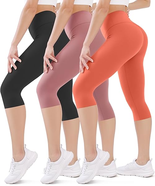 FEYHAY 3 Pack Capri Leggings for Women - High Waisted Yoga Pants with Tummy Control & Pockets, Buttery Soft Stretchy Workout Running Cycling (Black/Pink/Orange Red, S/M)