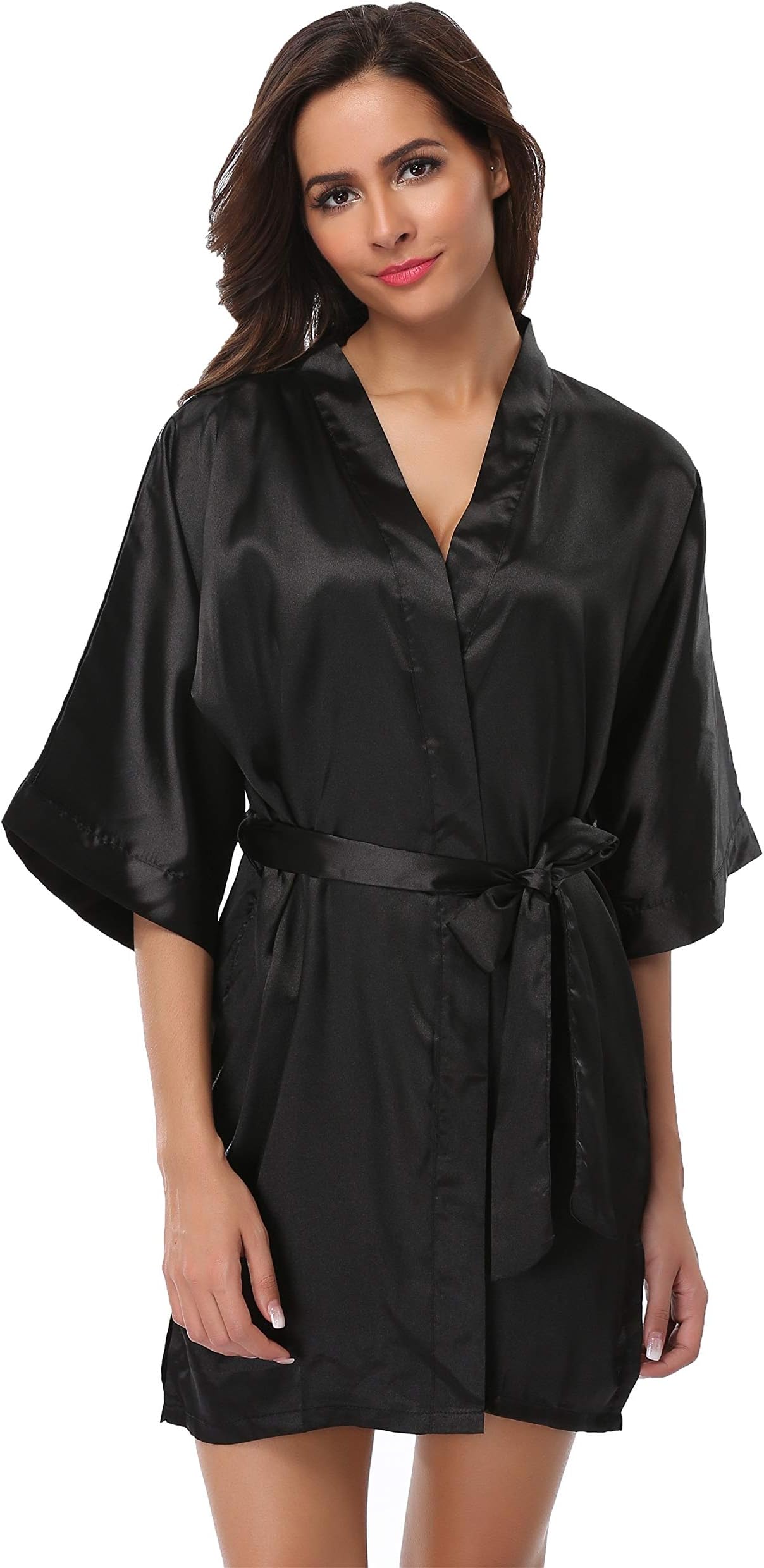 FeeliaWomen's Silky Robes Bridesmaid Stain Kimono Robe for Wedding Party Short Sleepwear Summer Bathrobes with Pockets