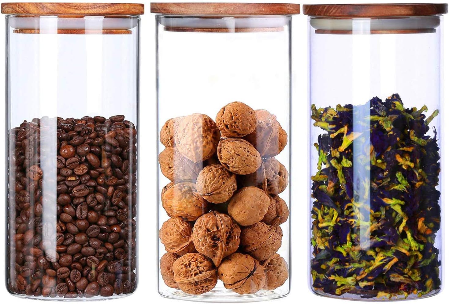 Clear Glass Canisters With Airtight Lids Glass Storage Jars Dry Food Storage Containers With Wood Lids Coffee Loose Tea Jars Flowers Nuts Containers Dry Goods Canisters,39 Floz,3 Piece Set