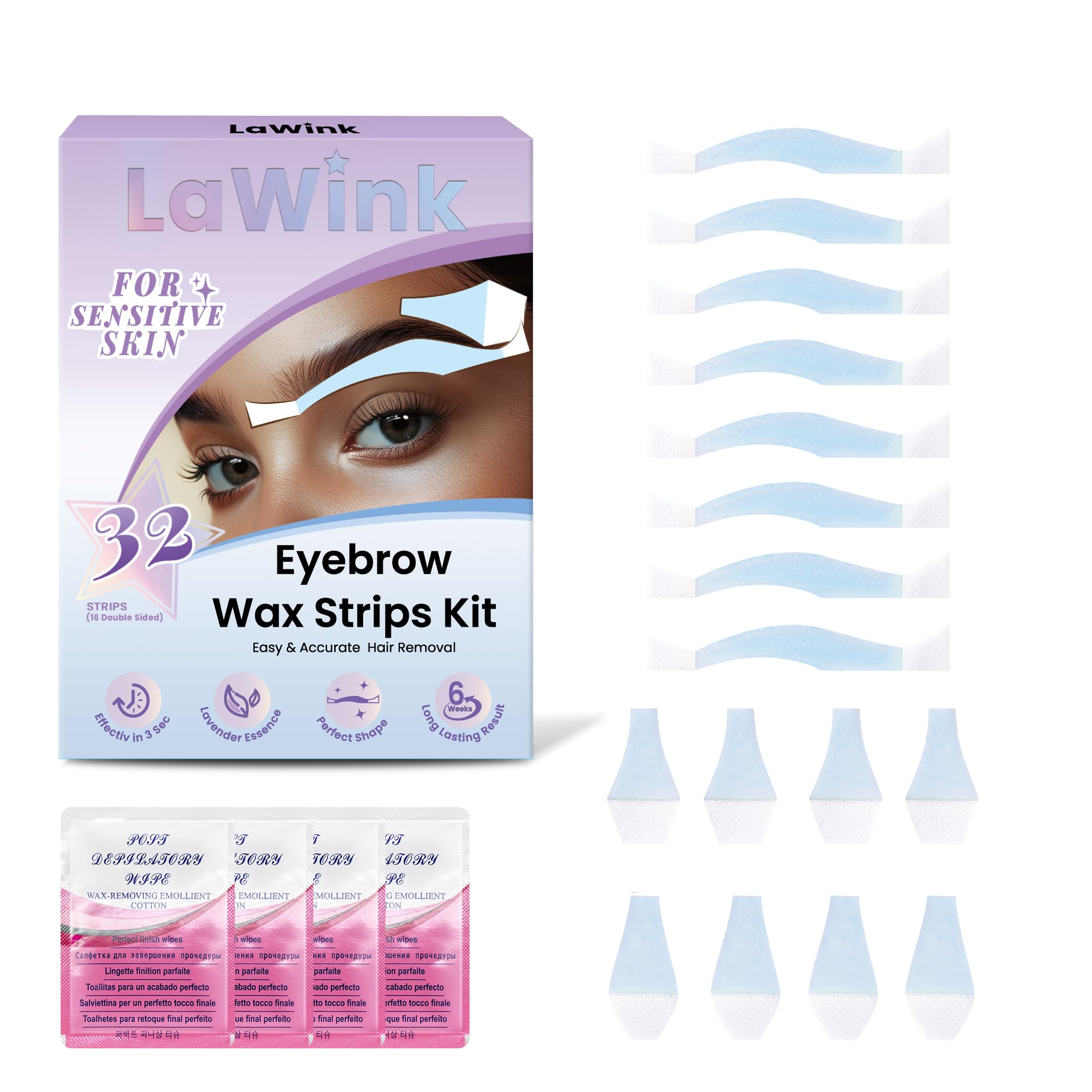 LaWink Eyebrow Wax Strips Kit - 32 Facial Strips for Hair Removal With 4 Calming Oil Wipes - Eyebrow Waxing strips Mouth Waxing Depilatory Tape for Sensitive Eyebrows