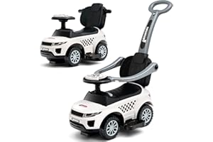 OLAKIDS 4 in 1 Ride on Push Car, Toddlers Stroller Sliding Walking Toy with Horn, Music, Lights, Removable Guardrails Handle, Underneath Storage, Foot-to-Floor Walker for Boys Girls (Ivory White)