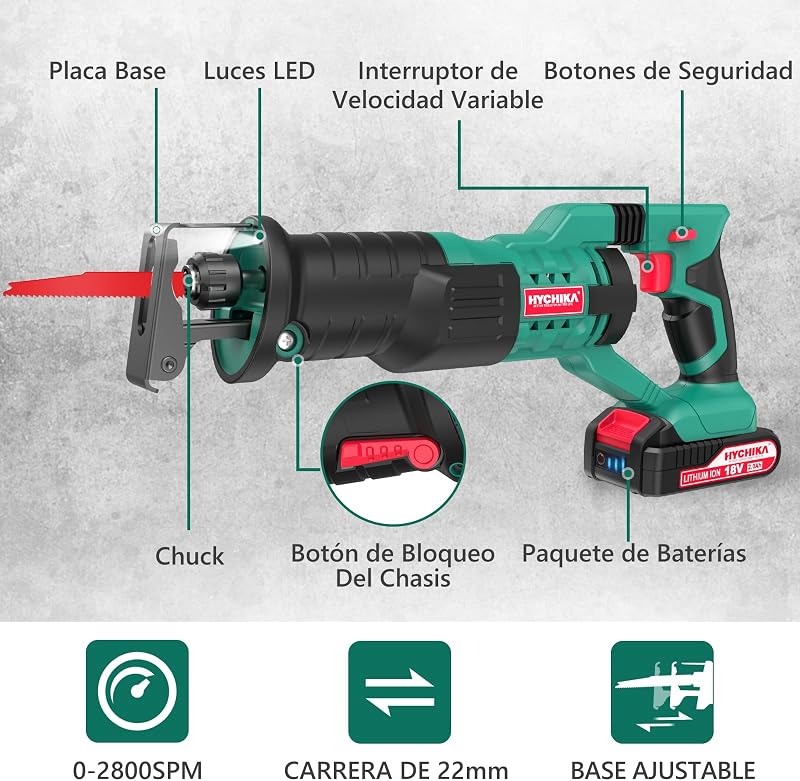 Serra sabre sem fio, hychika 18v, serra alternativa com 2 baterias de 2,0ah, 0-2800 rpm, ideal para cortar madeira e metal