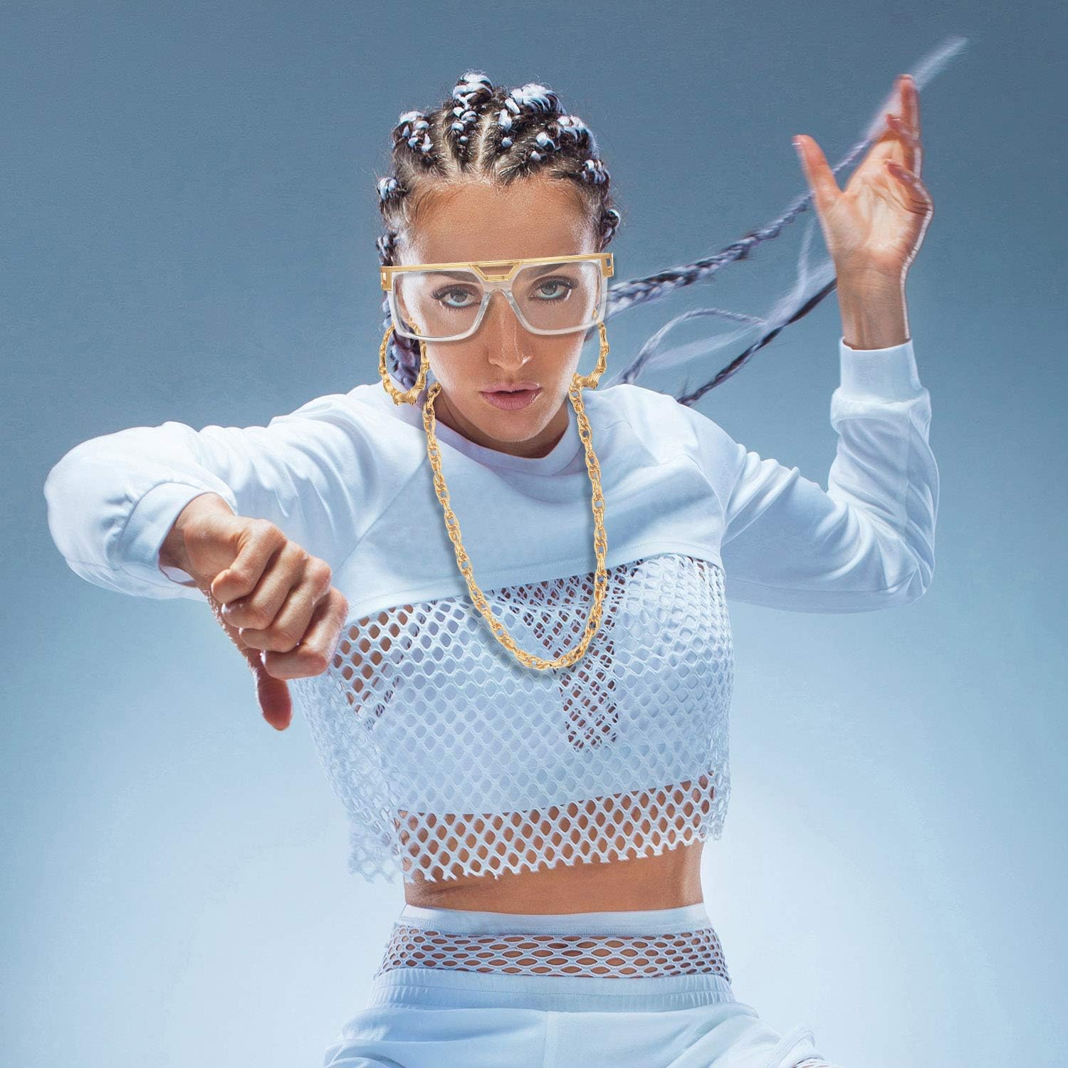 Hip Hop Woman Costume Kit Old School Rapper Sunglasses Faux Gold Rope Chain Earrings 80s/ 90s Rapper Accessories: Toys & Games