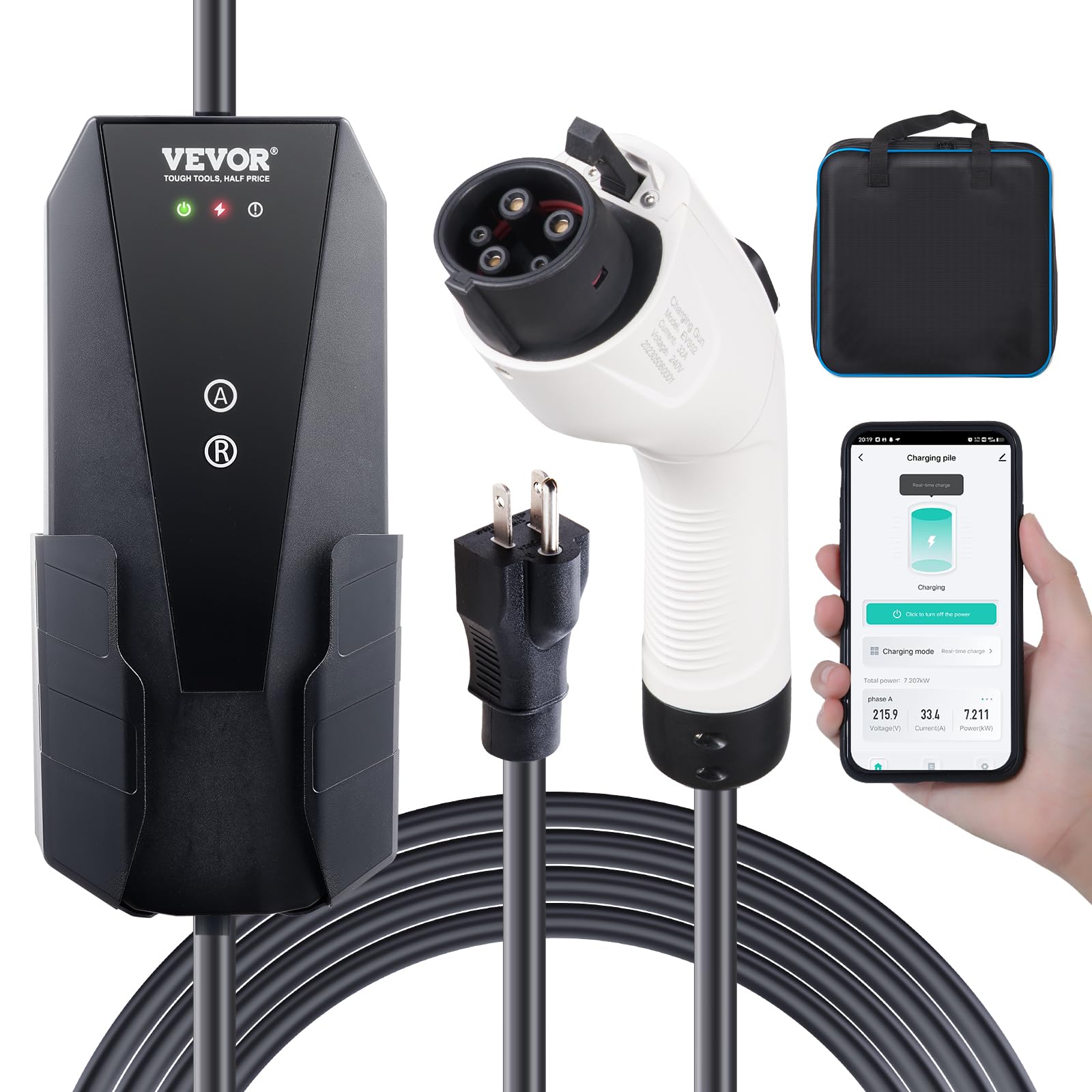 Photo 1 of VEVOR Level 1+2 Portable EV Charger, 16 Amp 120V or 240V, Electric Vehicle Charger with 28-Foot Charging Cable NEMA 6-20P Plug NEMA 5-15 Adapter, Plug-in Home EV Charging Station for SAE J1772 EVs