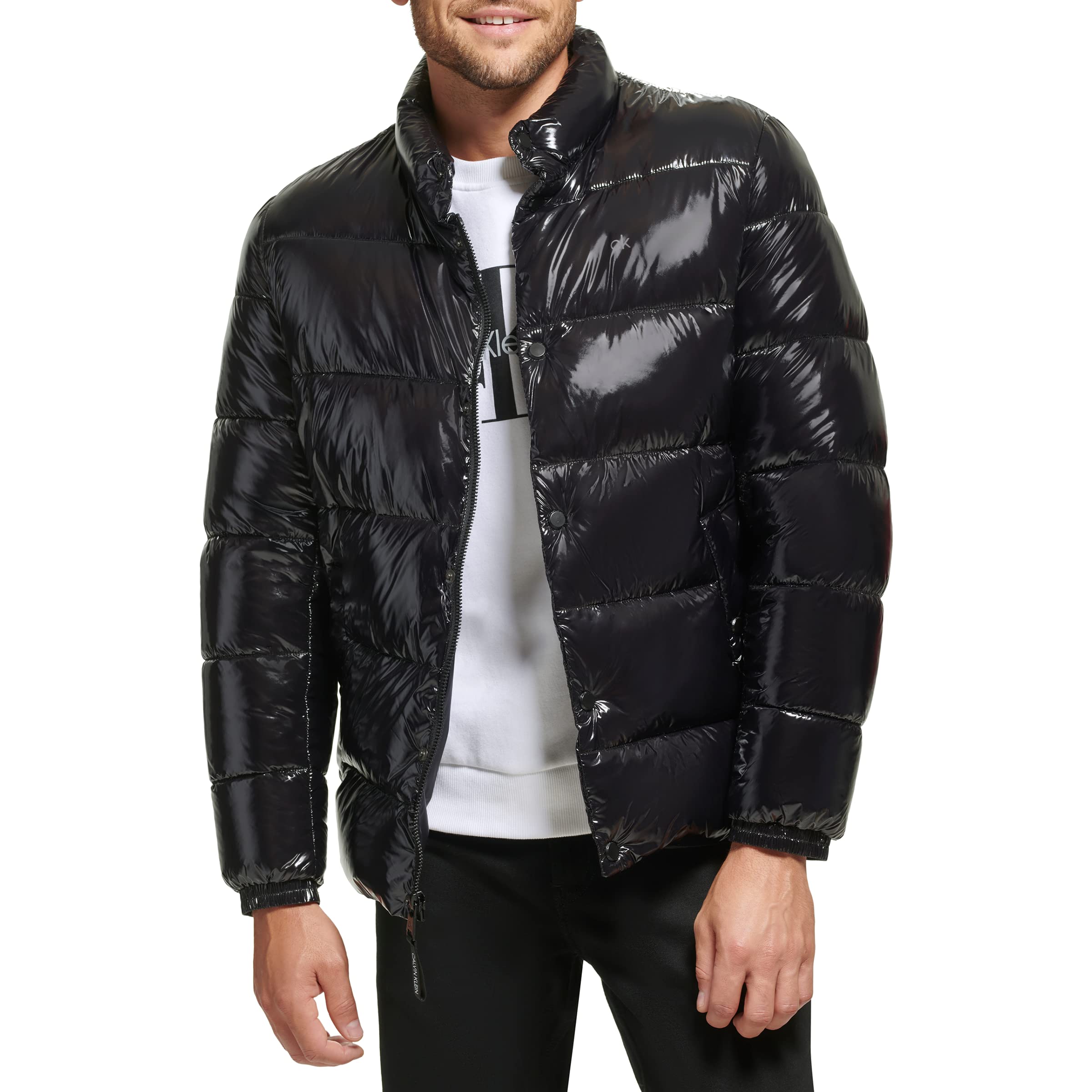 Calvin Klein Men's Snap Front Puffer Jacket, Black, Large Image Calvin Klein Men's Snap Front Puffer Jacket, Black, Large Image