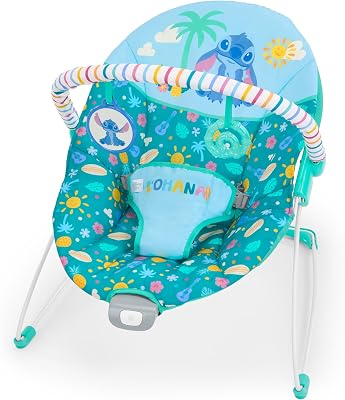 Rede Vibratória Disney Stitch Ohana Paradise Baby da Bright Starts, Barra de Brinquedos Destacável, 2 brinquedos incluídos, para 0-6 meses