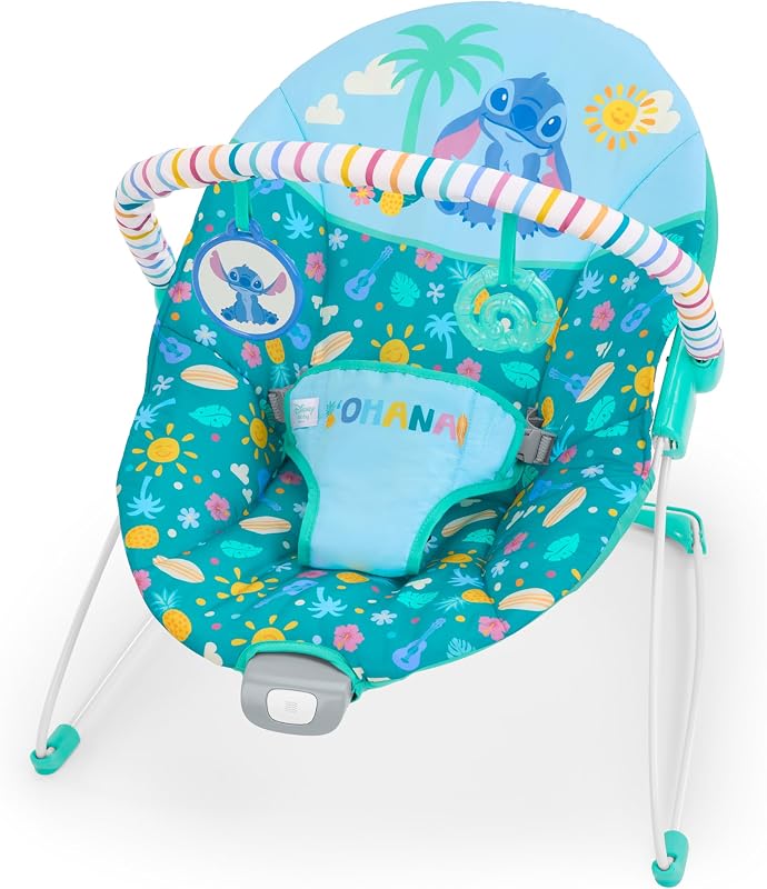 Rede Vibratória Disney Stitch Ohana Paradise Baby da Bright Starts, Barra de Brinquedos Destacável, 2 brinquedos incluídos, para 0-6 meses