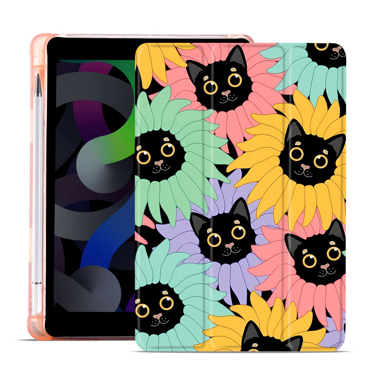 MAYCARI Funny Cat Sunflower iPad Air 4 Case with Pencil Holder, Support Auto Sleep/Wake, Soft TPU Back Protective Case for iPad 10.9 inch 2020