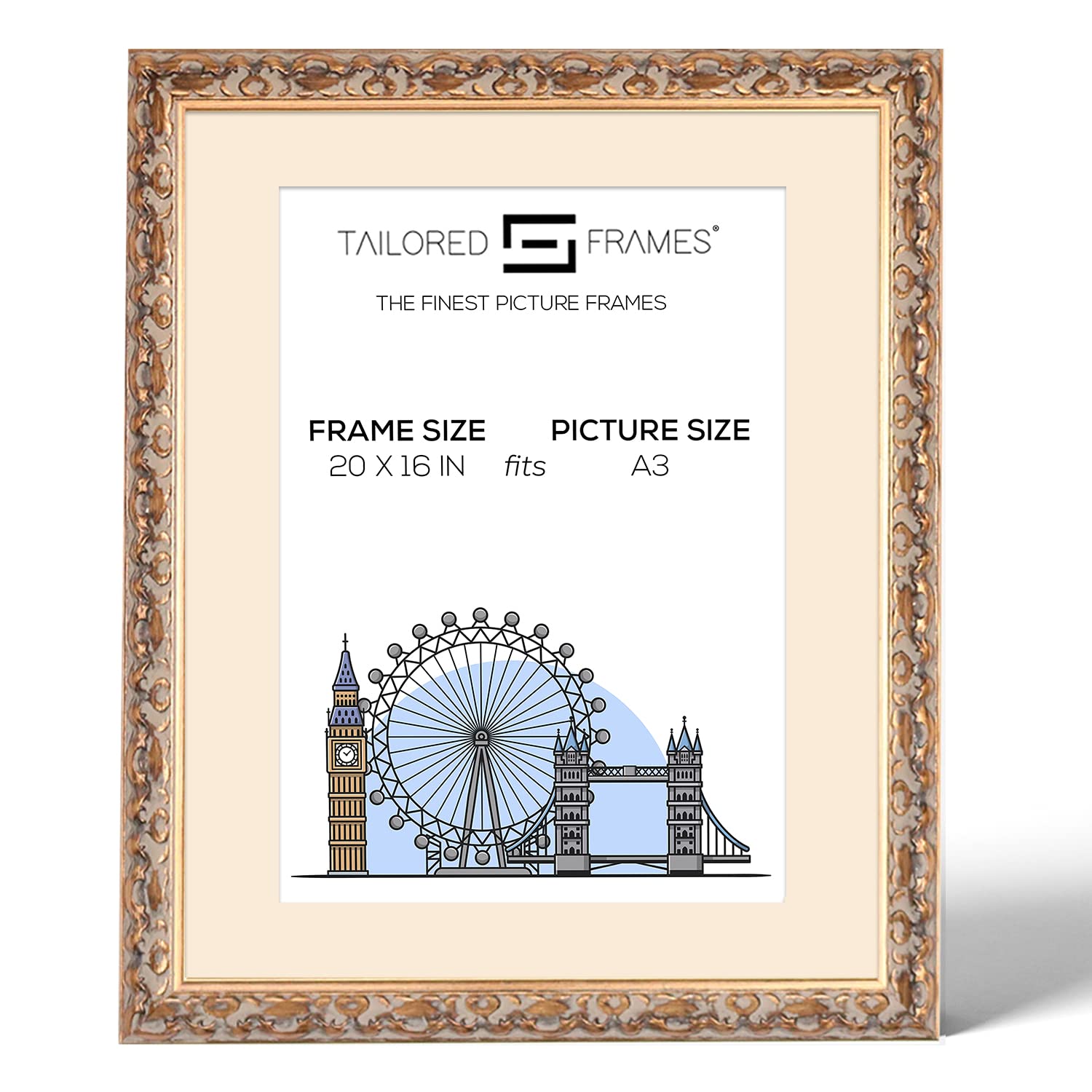 Tailored Frames Vienna Gold 20" x 16" Frame for A3 Picture | Rustic Style Vintage Single Picture Frame | Wall Hanging Type | Photo Frame with Antique White Mount