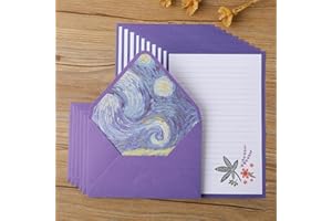 16 Pcs Stationary Set (10 Sheet Paper And 6 Envelope) Vintage Oil Painting Purple Envelope Stationery For Christmas, Birthday