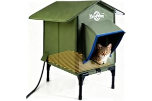 TENDWARE Outdoor Cat House Heated Cat House for Outside with Elevated Base Cat-Attracting Eave Design Feral Stray Shelter Weatherproof in Winter Garage Yard Porch